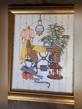 Vintage Framed Victorian Sewing Room Wood Framed Needlepoint Crewel Embroidery